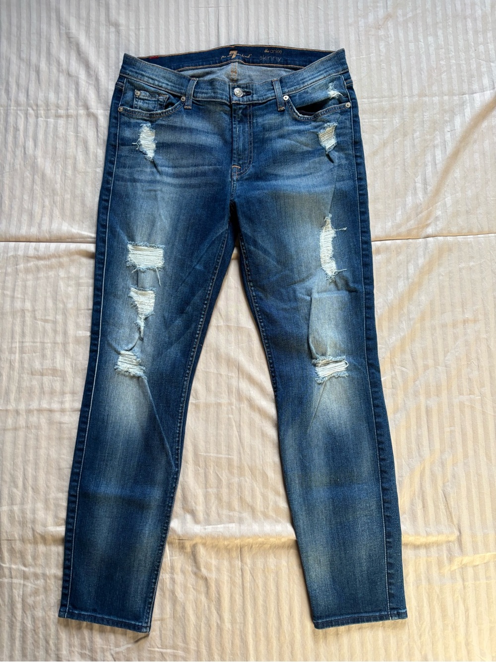 7 For All Mankind Womens Size 32 The Ankle Skinny Jeans Distressed Mid Rise